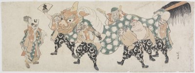 Zes mannelijke goden die de leeuwendans uitvoeren, 1797-1819 door Katsushika Hokusai
