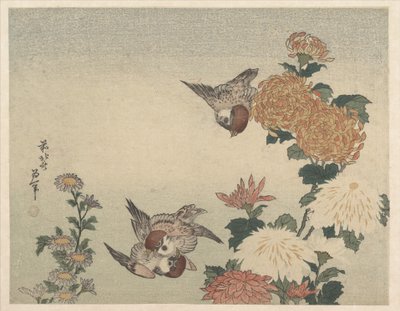 Mussen en chrysanten door Katsushika Hokusai