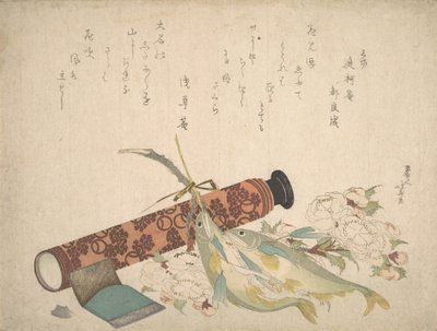 Stilleven: Dubbele Kersenbloesemtak, Telescoop, Zoetwatervis en Tissuedoos door Katsushika Hokusai