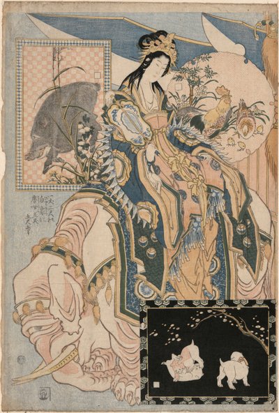 Tang Dame op een Witte Olifant, uit een set Advertenties voor Giant Straw Works in een Kermisattractie door Katsushika Hokusai