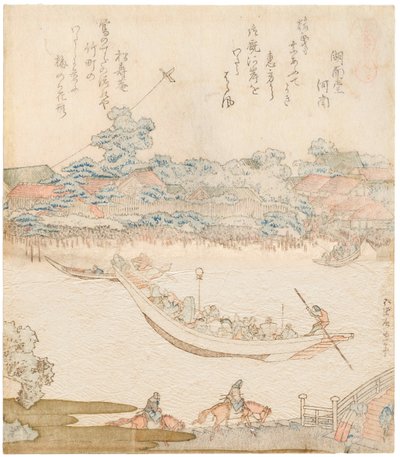 De oevers van de Sumida-rivier, Komatomeishi. Drieluik uit de serie Umazukushi, Middenstuk door Katsushika Hokusai