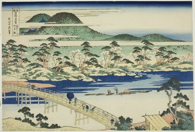 Togetsu-brug bij Arashiyama in de provincie Yamashiro (Yamashiro Arashiyama no Togetsukyo), uit de serie "Ongewone uitzichten van beroemde bruggen in verschillende provincies (Shokoku meikyo kiran)" door Katsushika Hokusai