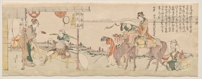 Reizigers arriveren bij het Echizen-ya theehuis door Katsushika Hokusai