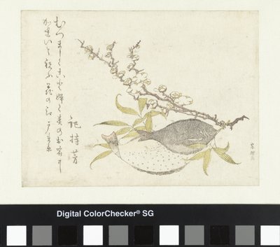 Twee platvissen en pruim door Katsushika Hokusai