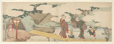 Twee vrouwen en een jongen op de promenade door Katsushika Hokusai