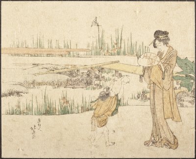 Vrouw en kind in een tuin; fragment van ‘De goudvisverkoper’ door Katsushika Hokusai