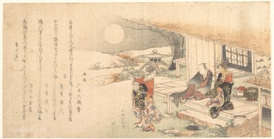 Jonge dame met een lamp; man en vrouw op de veranda van een theehuis door Katsushika Hokusai
