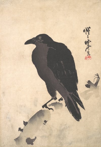 Kraai Rustend op Houtstam door Kawanabe Kyosai