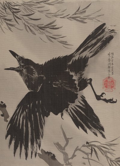 Kraai en wilgenboom, november 1887 door Kawanabe Kyosai