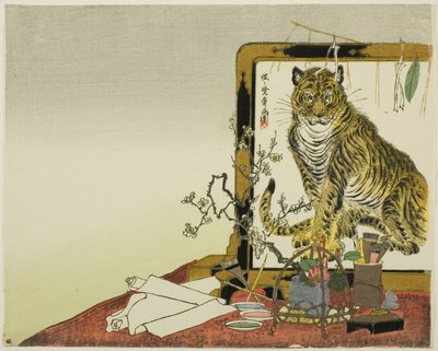 Staand scherm (Tsuitate) van een tijger door Kawanabe Kyosai