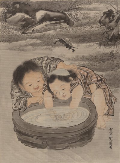 Twee kinderen spelen met goudvissen door Kawanabe Kyosai