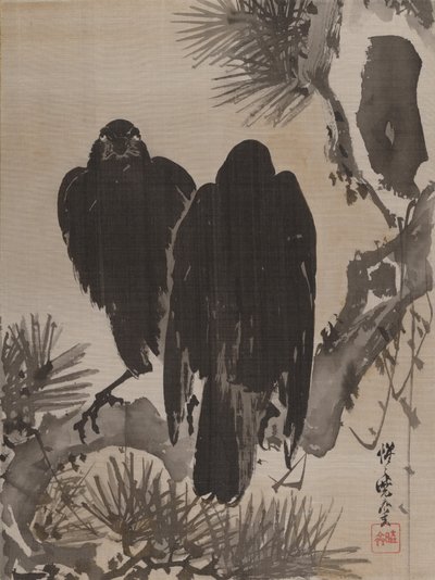 Twee kraaien op een dennen tak door Kawanabe Kyosai