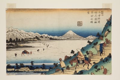 Nr. 31, Shiojiri Pass: Uitzicht op het Suwameer door Keisai Eisen