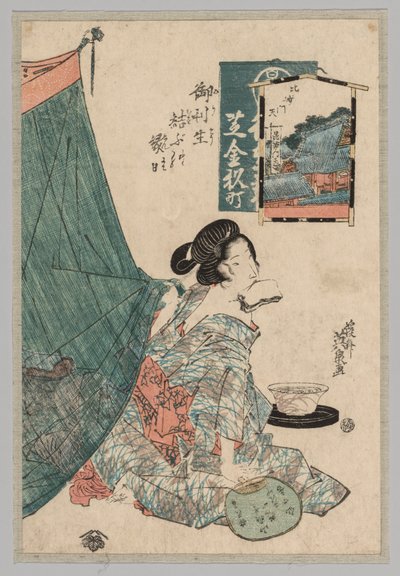 Vrouw met Papieren in Mond en Waaier in Hand, 1789-1851 door Keisai Eisen