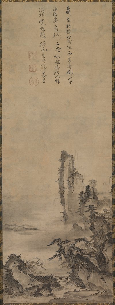 Eenzaam tempel en torenhoge klif, ca. 1480 door Kenkō Shōkei