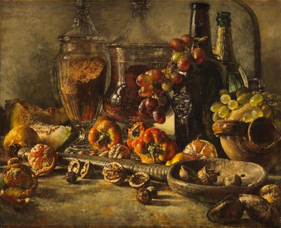 Stilleven met Fruit, Noten en Flessen door Kenneth Newton