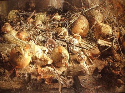 Stilleven met Uien, Champignons en Maïs door Kenneth Newton