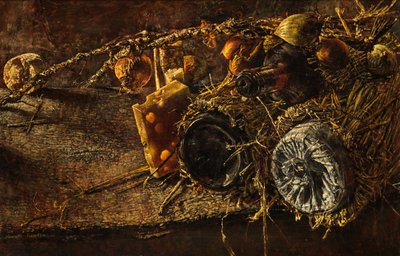 Stilleven met Kaas en Flessen door Kenneth Newton