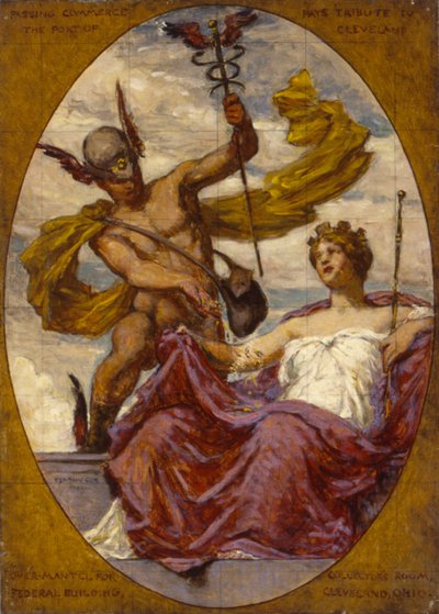 Studie voor muurschildering in het U.S. Custom House, Cleveland, OH, Passing Commerce Pays Tribute to the..., 1909 door Kenyon Cox