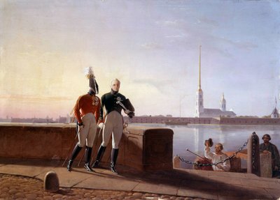 De Russische Tsaar Alexander I (1777-1825) en zijn broer Constantijn aan de rand van de Neva door Kil