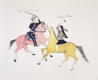 Symbolische weergave van het conflict tussen de indianen en de blanken zoals vertegenwoordigd door hun twee beroemdste leiders, generaal Custer en Crazy Horse door Kills Two