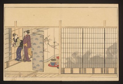 Een feest in een huis met twee vrouwen links door Kitagawa Utamaro