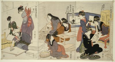 Kunstenaar, blokgraveur, aanbrengen van lijm, uit de serie De teelt van brokaatafdrukken, een beroemd product van Edo door Kitagawa Utamaro