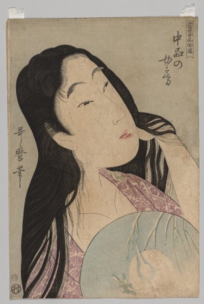Buste van vrouw met los haar die waaier vasthoudt, 1753-1806 door Kitagawa Utamaro