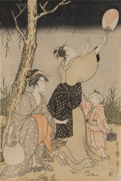 Vuurvliegjes vangen onder een wilgenboom door Kitagawa Utamaro