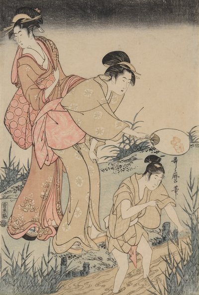 Vuurvliegjes vangen onder een wilgenboom rechts, ca. 1796-1797 door Kitagawa Utamaro
