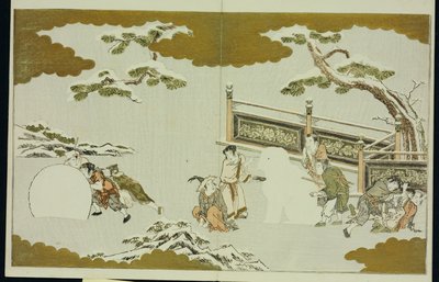 Kinderen maken een sneeuw shishi en rollen een sneeuwbal, uit "De Zilveren Wereld" door Kitagawa Utamaro