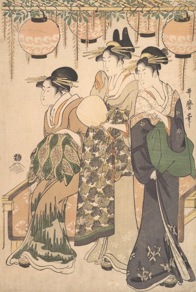 Courtisanes onder een blauwe regen prieel, ca. 1795 door Kitagawa Utamaro