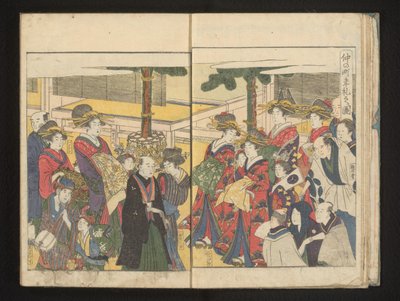 Courtisanes en toeschouwers tijdens een Nieuwjaarsparade door Kitagawa Utamaro