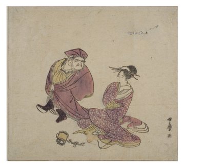 Daikoku (staand) in gesprek met een zittende dame door Kitagawa Utamaro