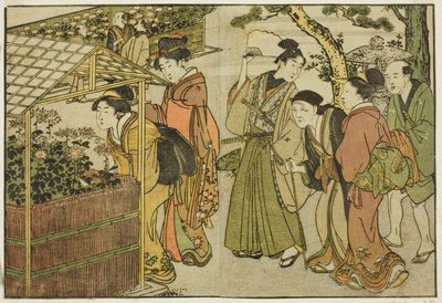 Tentoonstelling van chrysanten, uit het geïllustreerde boek "Prentenboek: Bloemen van de vier seizoenen," deel 2 door Kitagawa Utamaro