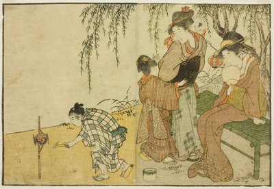 Genieten van vuurwerk, uit het geïllustreerde boek "Prentenboek: Bloemen van de vier seizoenen (Ehon shiki no hana)," deel 1 door Kitagawa Utamaro