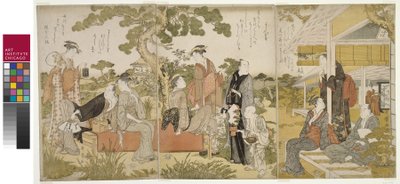 Genieten van de koelte in een tuin, Oban drieluik, ca. 1788-90 door Kitagawa Utamaro