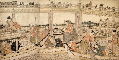Vissersboten met netten onder de Ryogoku-brug door Kitagawa Utamaro