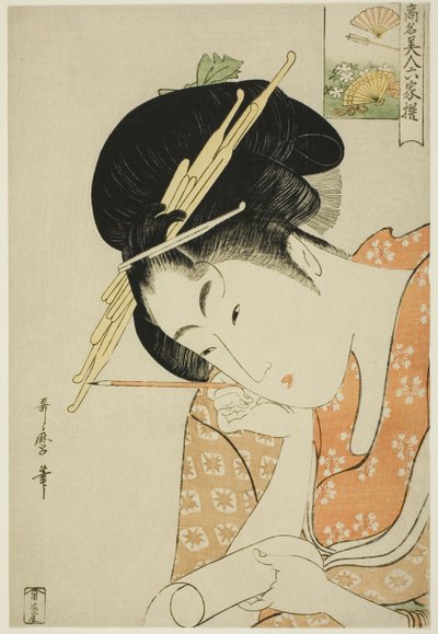 Hanaogi van de Ogiya, uit de serie "Beroemde schoonheden vergeleken met de zes onsterfelijke dichters (Komei bijin rokkasen)" door Kitagawa Utamaro
