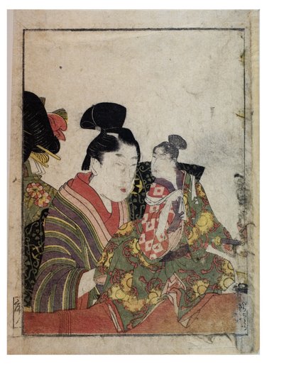 Marionettenscènes met mannelijke en vrouwelijke manipulators, ca. 1758-1806 door Kitagawa Utamaro