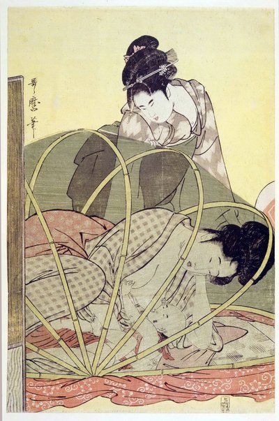 Moeder die baby voedt onder muskietennet door Kitagawa Utamaro