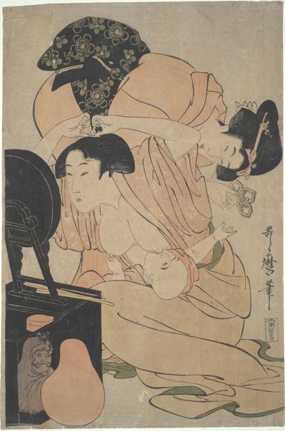 Moeder met zuigeling en bediende door Kitagawa Utamaro