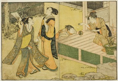 Nieuwjaars Spellen van Shuttlecock, Battledore en Handbal, uit het geïllustreerde boek "Prentenboek: Bloemen van de Vier Seizoenen (Ehon shiki no hana)," deel 1 door Kitagawa Utamaro