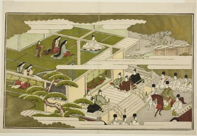 Nieuwjaar aan het hof, uit de geïllustreerde kyoka-anthologie "De jonge god Ebisu" door Kitagawa Utamaro