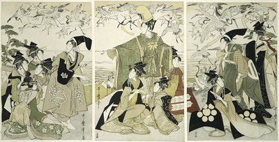 Parodie van Minamoto no Yoritomo die kraanvogels vrijlaat bij Yuigahama door Kitagawa Utamaro