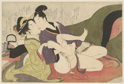 Prostituee kussend met jonge man (Negai no itoguchi) door Kitagawa Utamaro