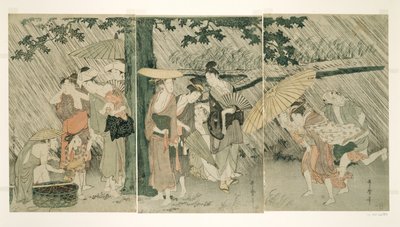 Schuilen voor een Plotselinge Regenbui door Kitagawa Utamaro
