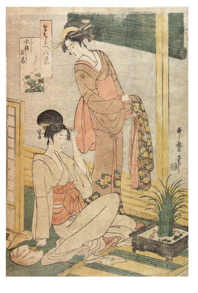 Kalmoes en rotsen in een waterbassin uit de serie Imitaties van de Acht Uitzichten, ca. 1797-1798 door Kitagawa Utamaro