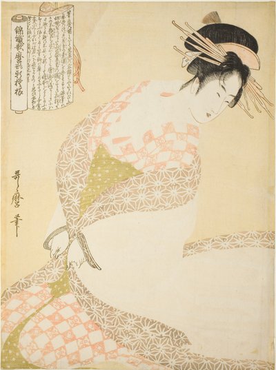 De Witte Jas, uit de serie "Nieuwe Patronen van Brokaat Geweven in Utamaro Stijl" door Kitagawa Utamaro
