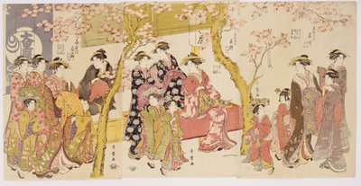 Drie groepen courtisanes met hun Shinzo en Kamuro door Kitagawa Utamaro